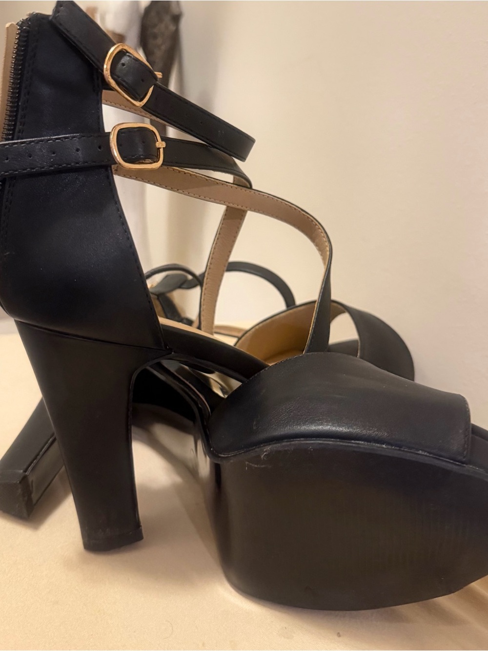 IDIFU Black Platform Strappy Block Heels with Gold Buckles
